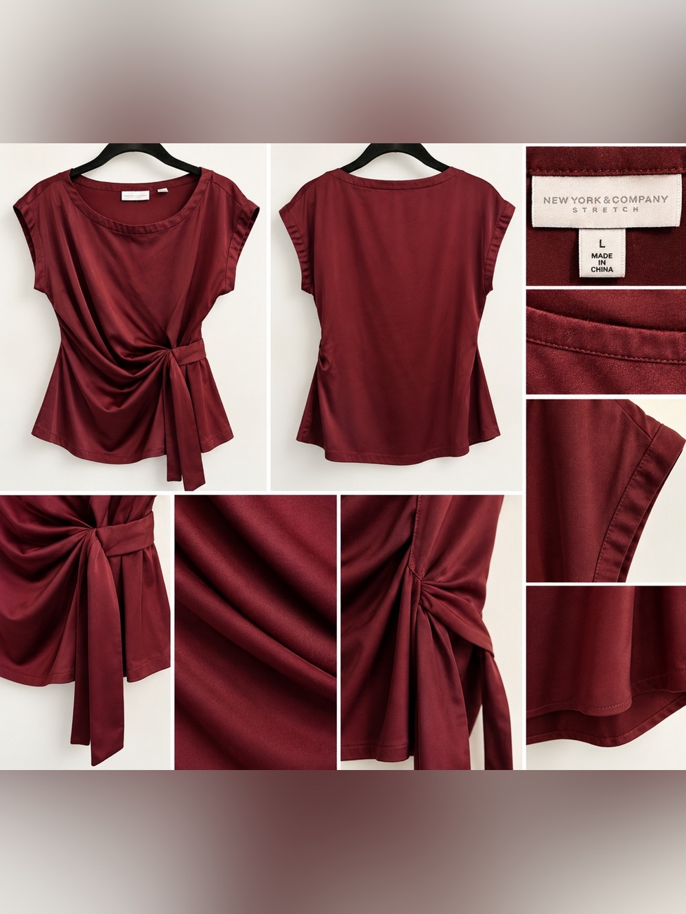 New York & Company Burgundy Satin Tie Waist Top L